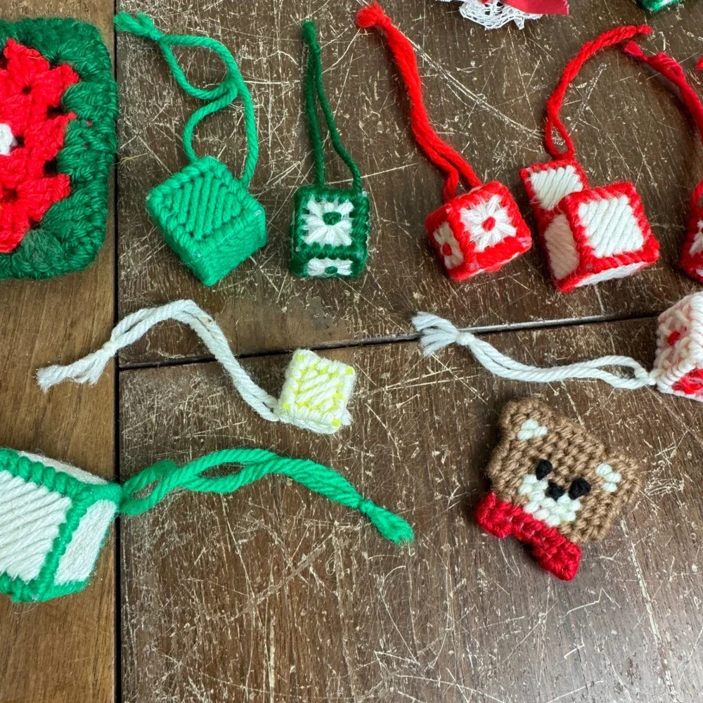 VINTAGE Christmas Granny Square Stocking Poinsettia Candle Various‎ Ornament LOT